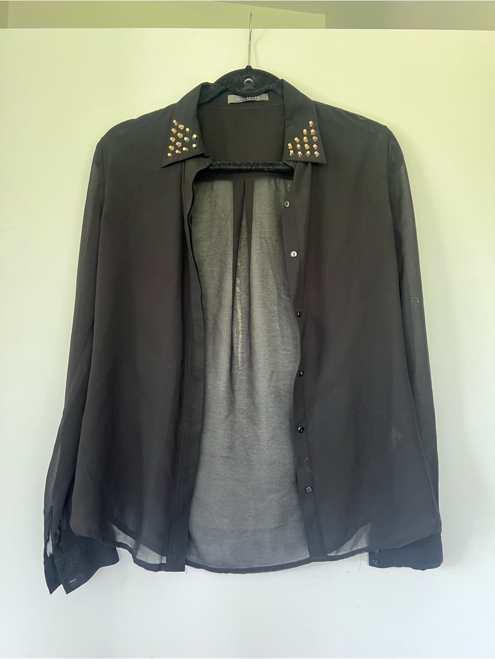 Suzy Shier Black Sheer Button-Up Blouse with Gold Stud Collar